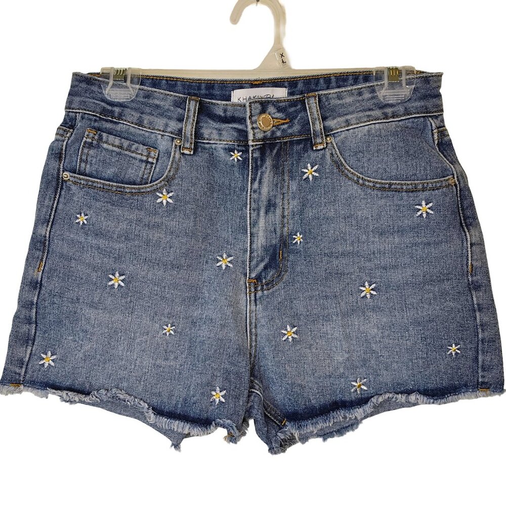 KHAKI + BLUE Denim Shorts Juniors Size 7 White Embroidered Flower Accents
